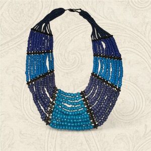 Vintage 1821 Blue Beaded statement boho necklace with Gold Accents